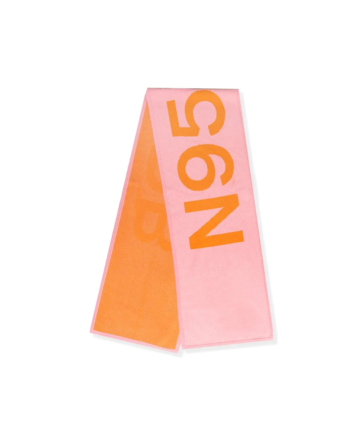 Pink and orange cashmere scarf with bold yellow text on white background
