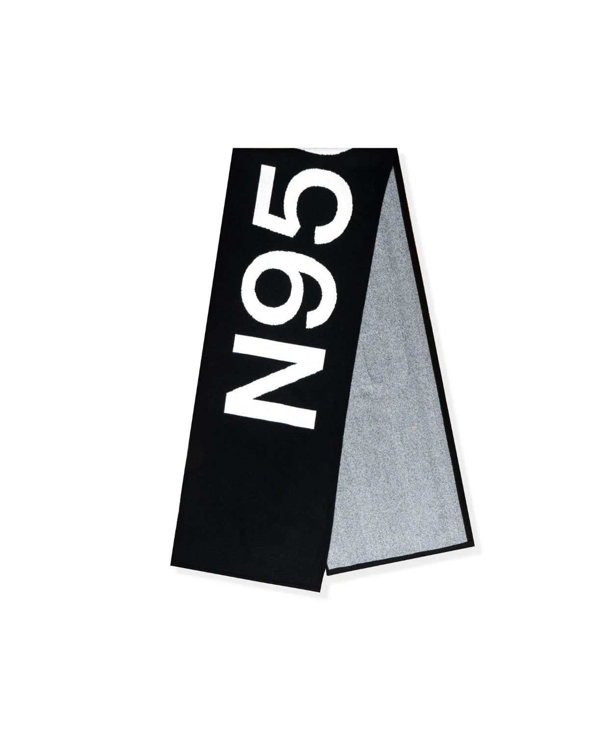 Black and gray cashmere scarf with bold white N950PB lettering, laid flat on white background.