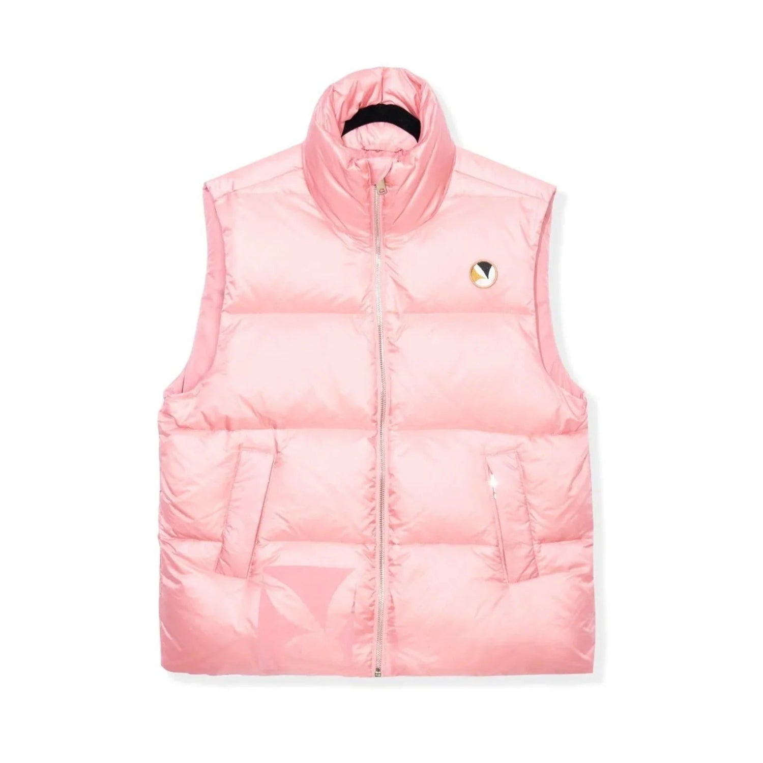 Pink puffer vest with high collar, front zip, side pockets, and round logo patch on chest