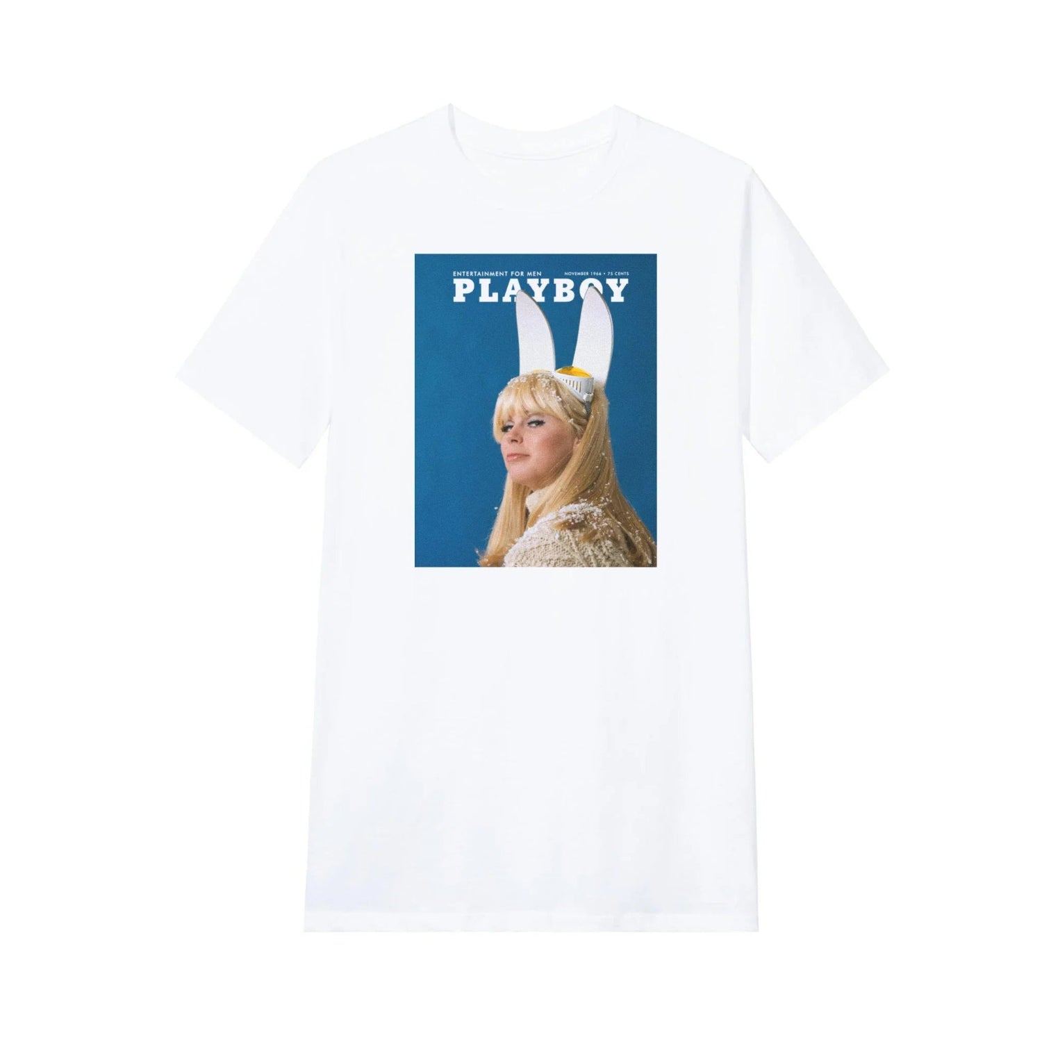 White t-shirt with vintage magazine cover graphic featuring a woman in bunny ears on blue background