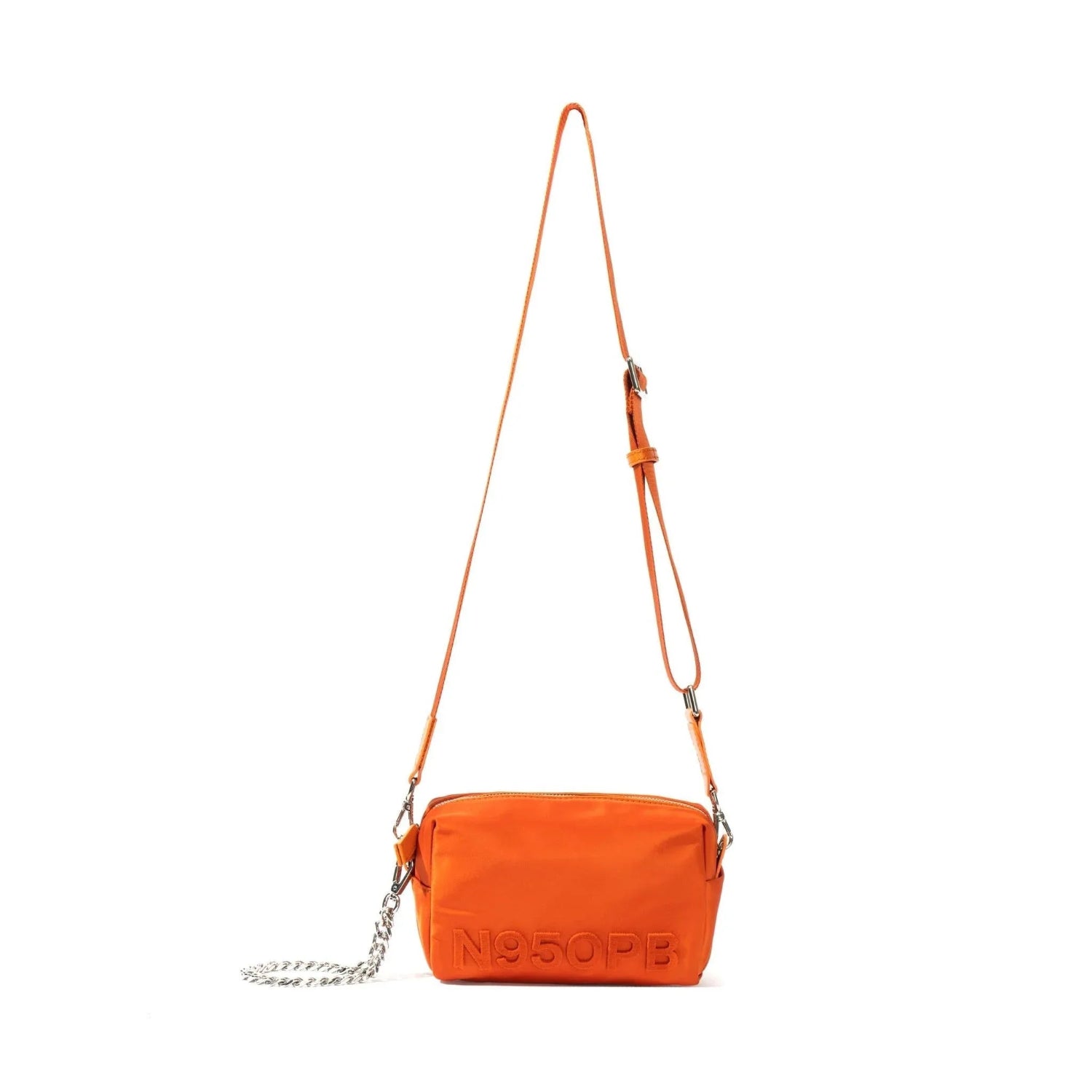 Orange nylon crossbody bag with adjustable strap and embossed N950PB text on white background