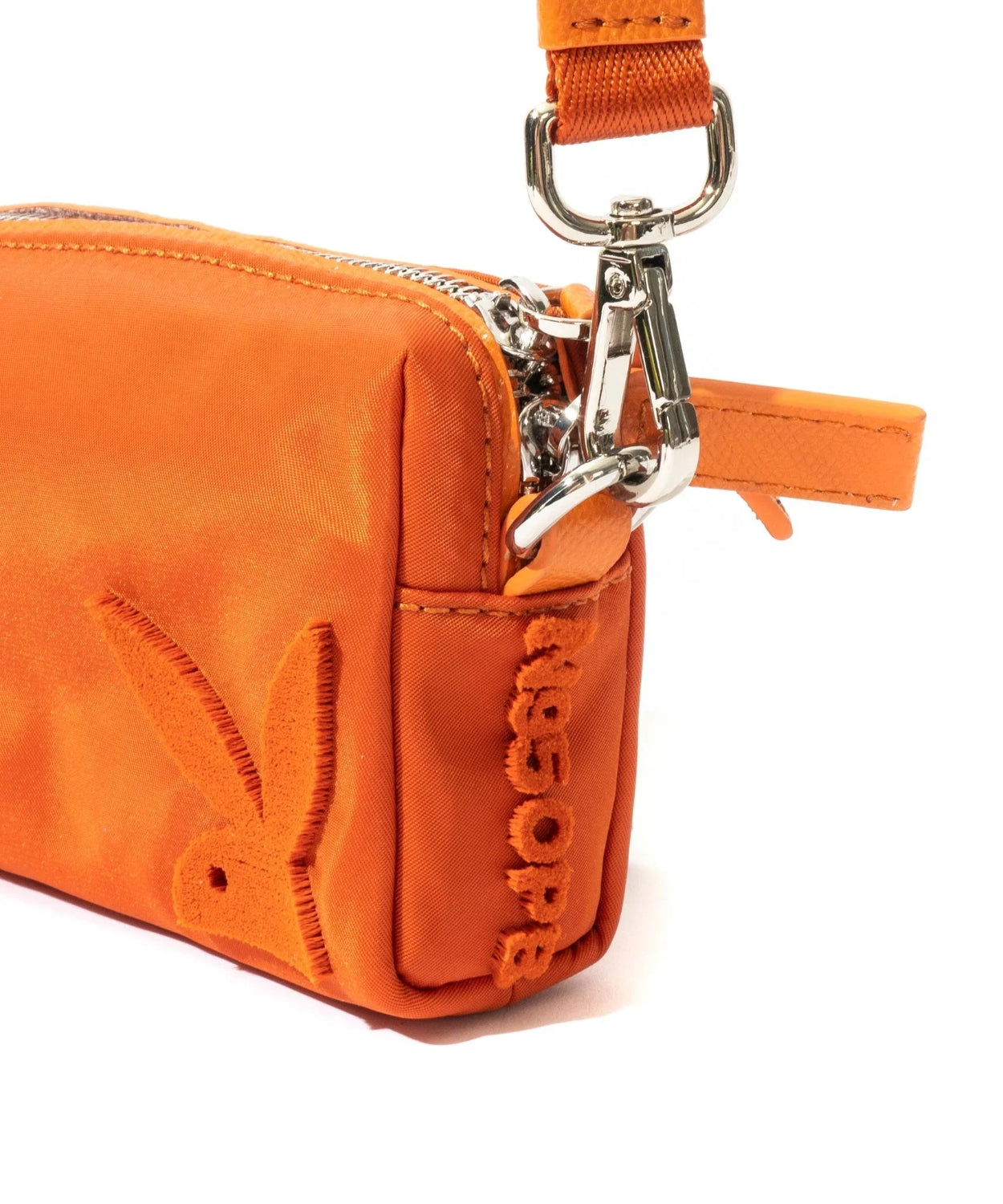 Orange nylon pouch with zipper, detachable strap, and embroidered bunny logo