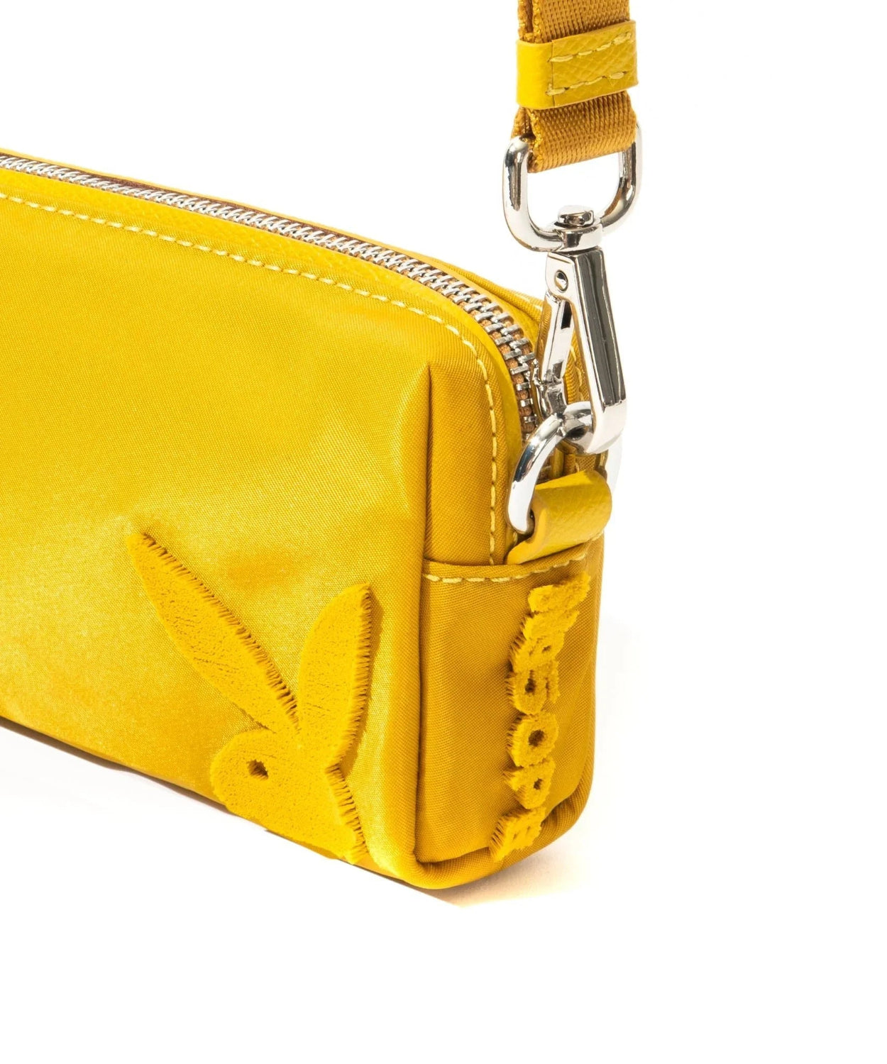 Yellow nylon pouchette bag with embroidered bunny logo and zipper detail