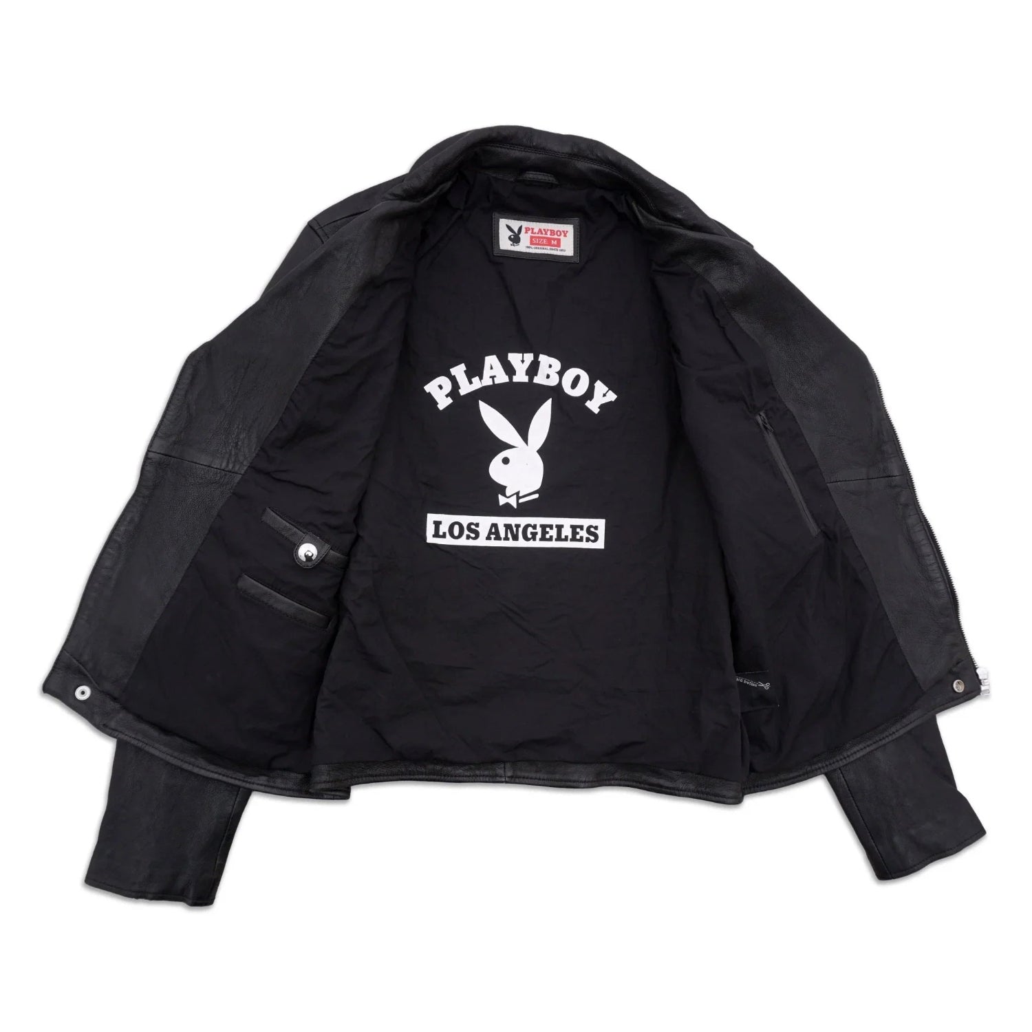 Men's black leather jacket opened to show Playboy Los Angeles logo lining and inner pockets
