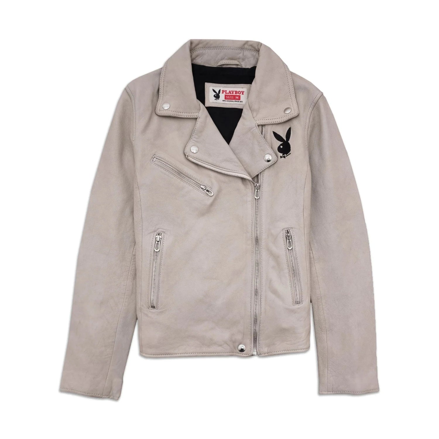 Beige women's leather jacket with black rabbit head logo and silver zippers, laid flat.