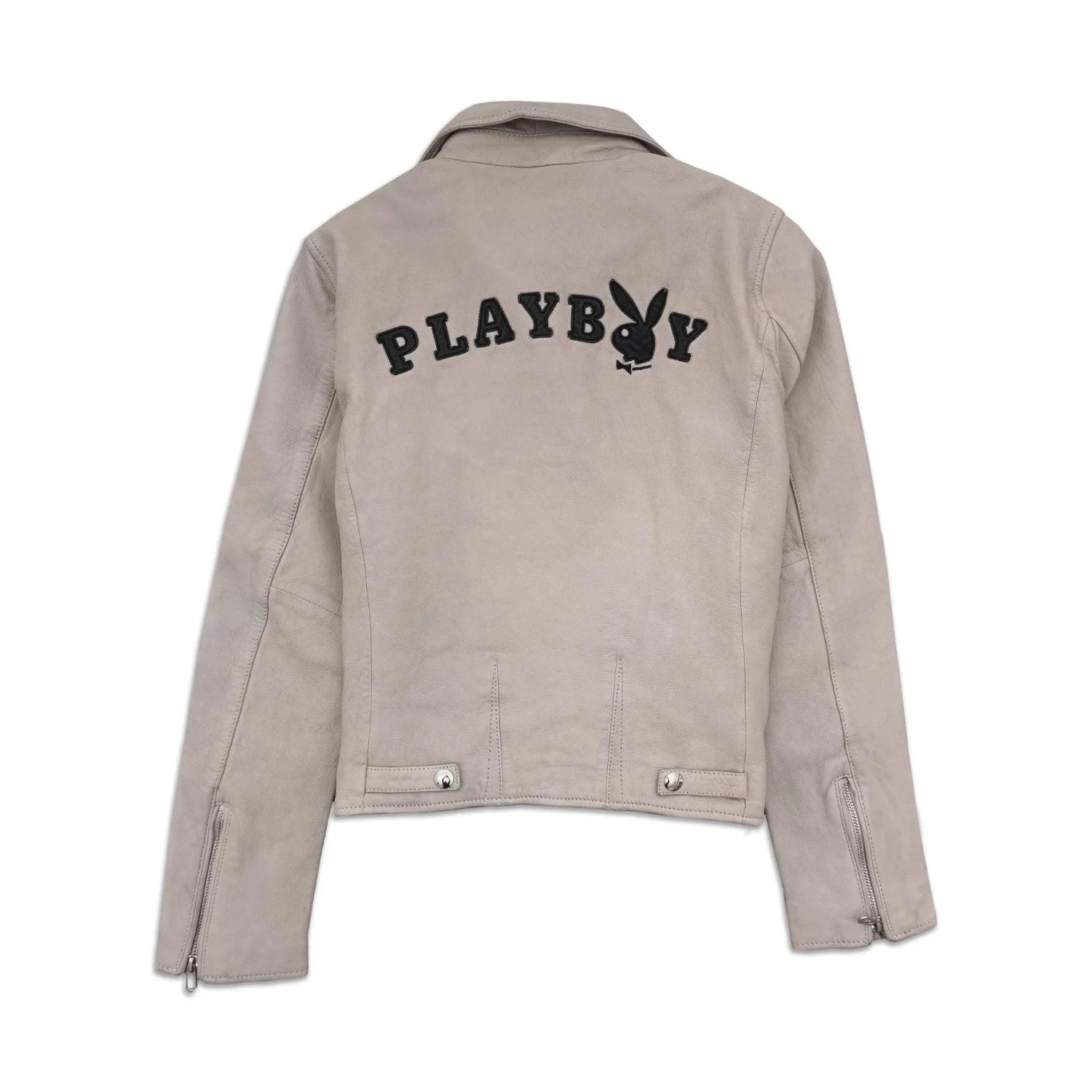 Beige women's leather jacket with black logo and text on back, fashion outerwear.
