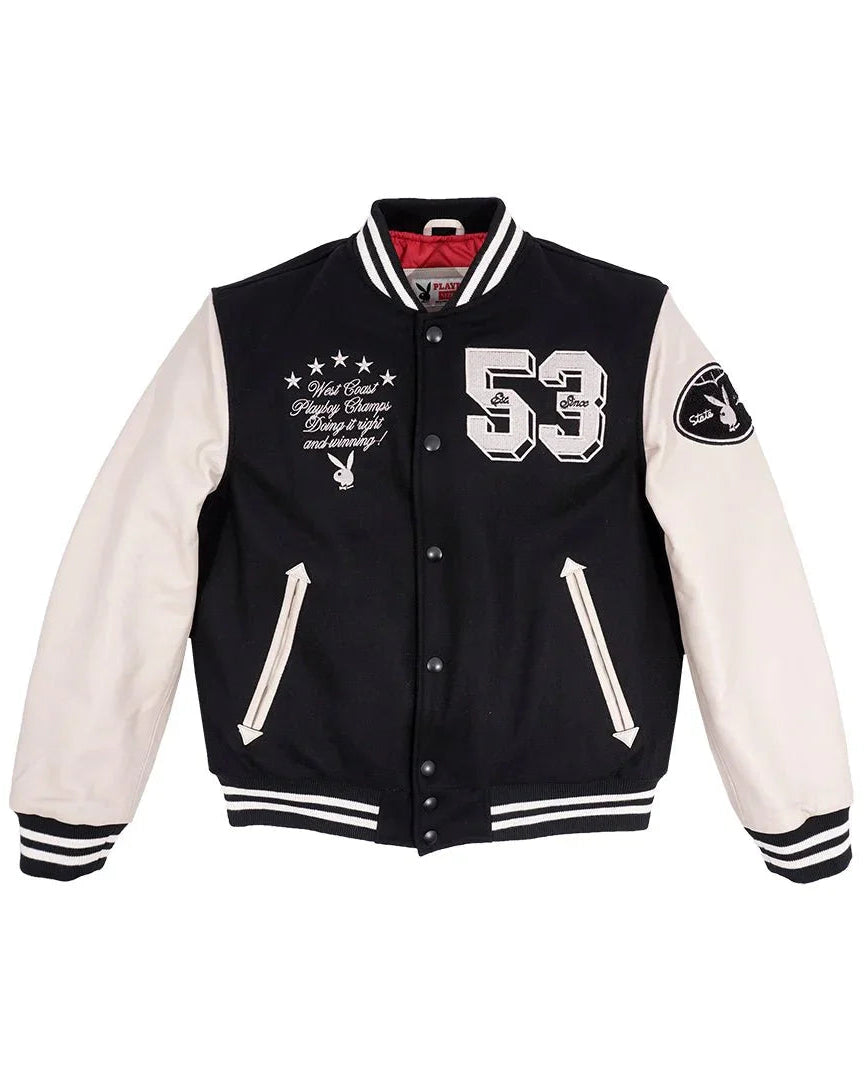 Black varsity jacket with white sleeves, embroidery, patches, and number 53 on front