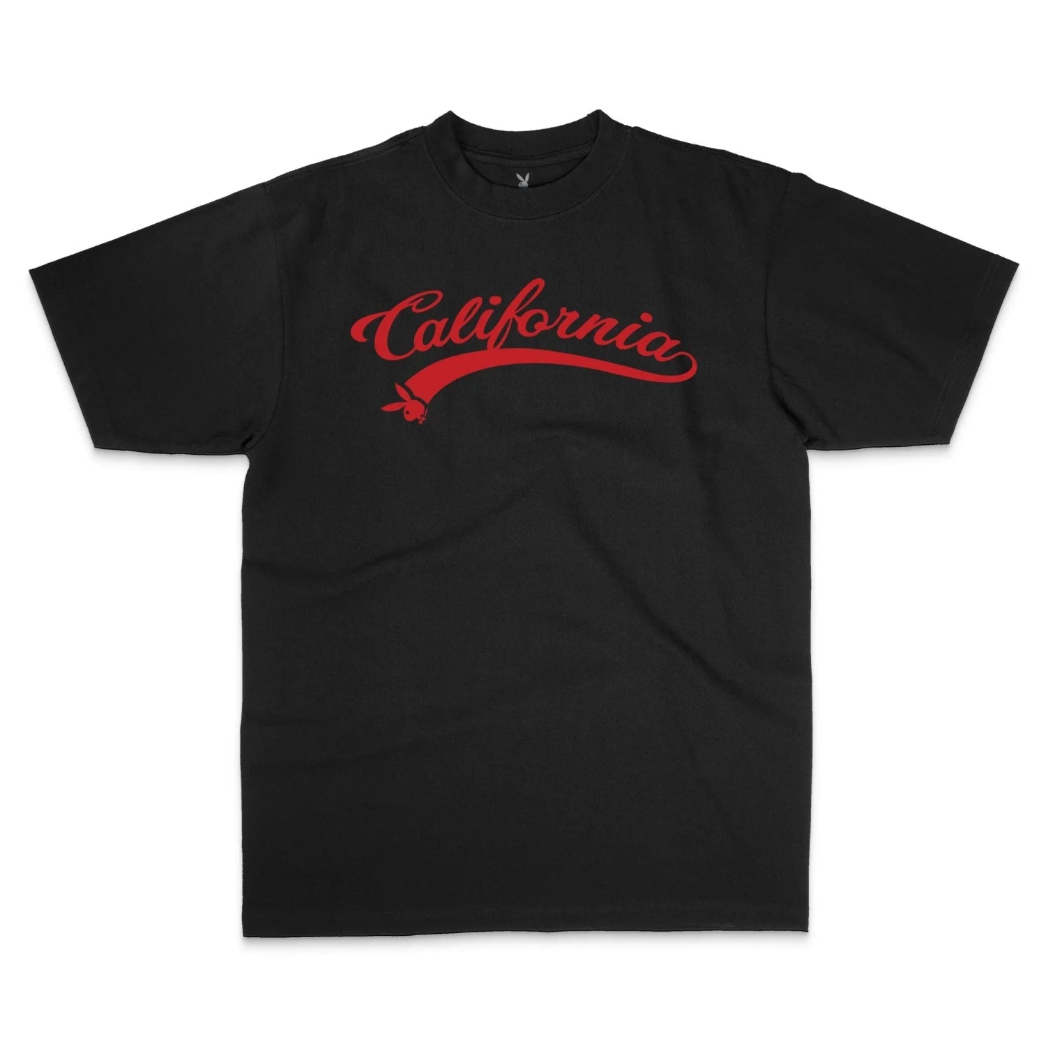 Black t-shirt with red California script and small graphic on chest, laid flat.