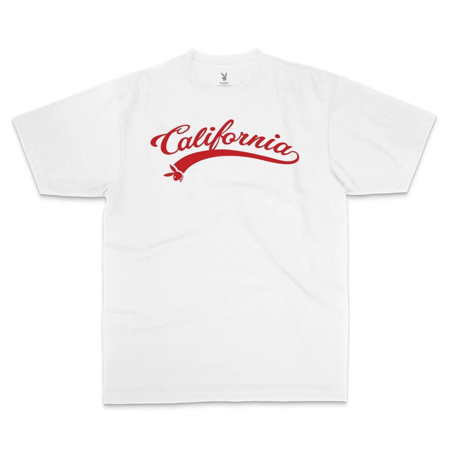 White t-shirt with red California script and bunny logo graphic on the front