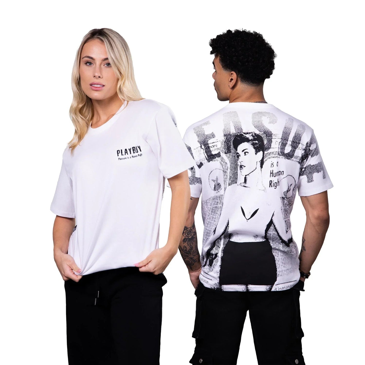 White graphic tee with 'Pleasure is a Human Right' text, worn by male and female models