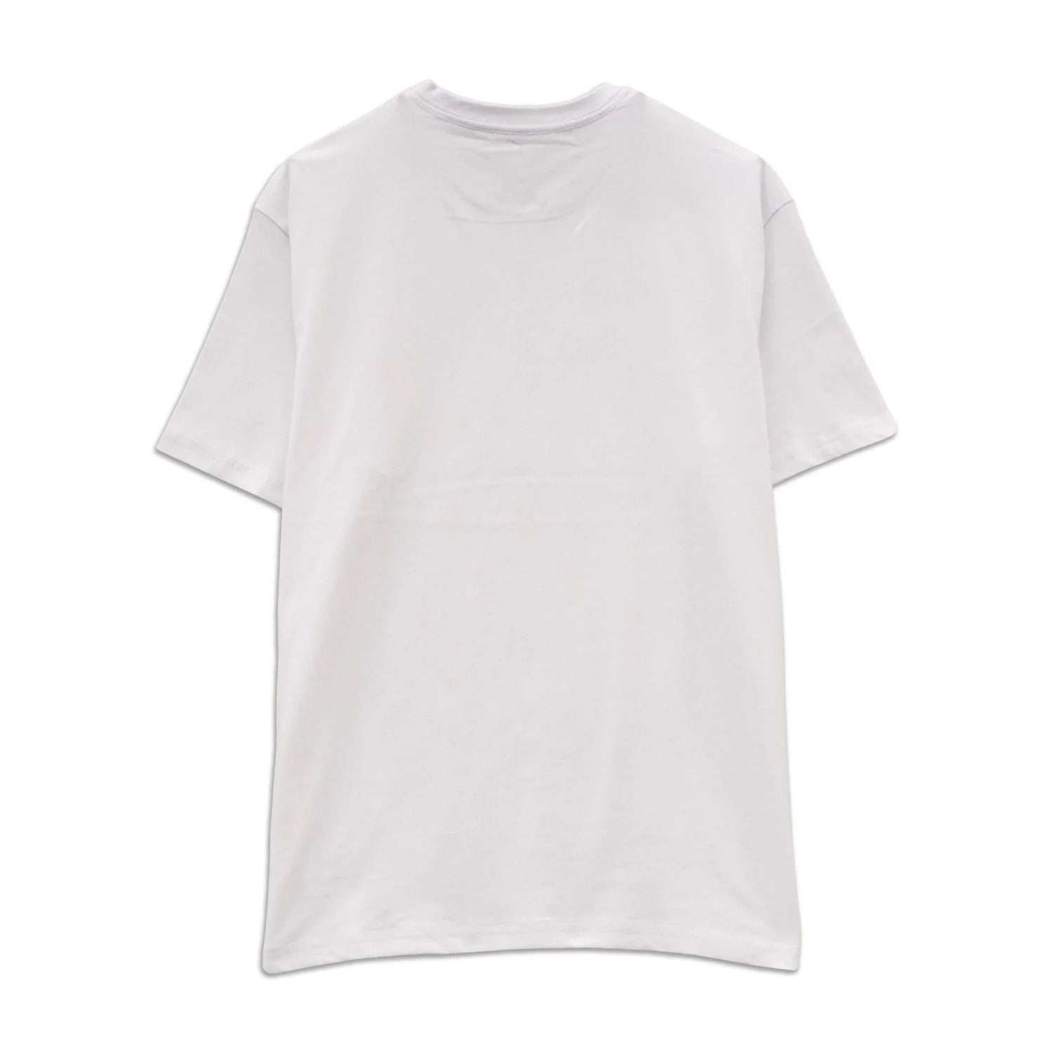 Plain white short sleeve t-shirt displayed flat on a white background, back view