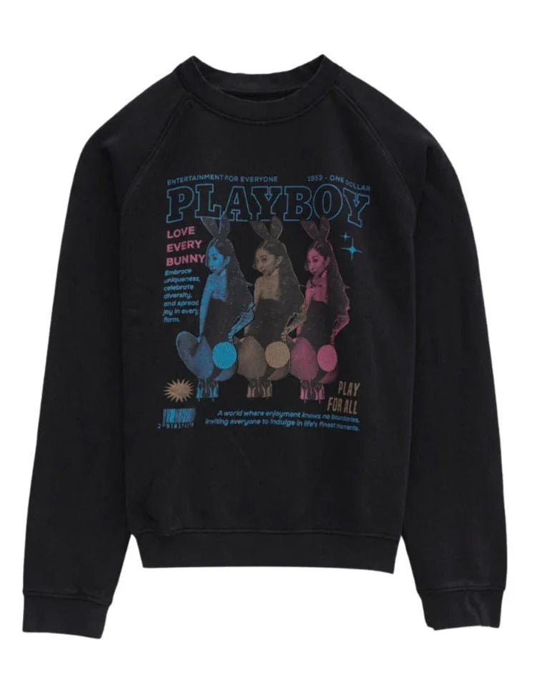 Black sweatshirt featuring colorful graphic of three bunnies with retro text and PLAYBOY logo