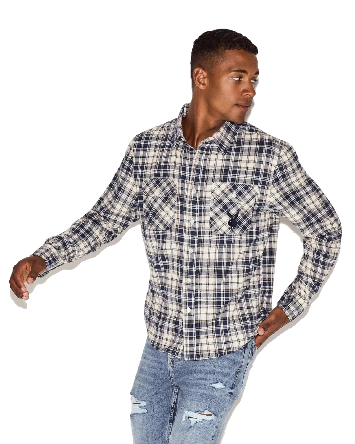 Mens Flannel Long Sleeve Shirt White Plaid