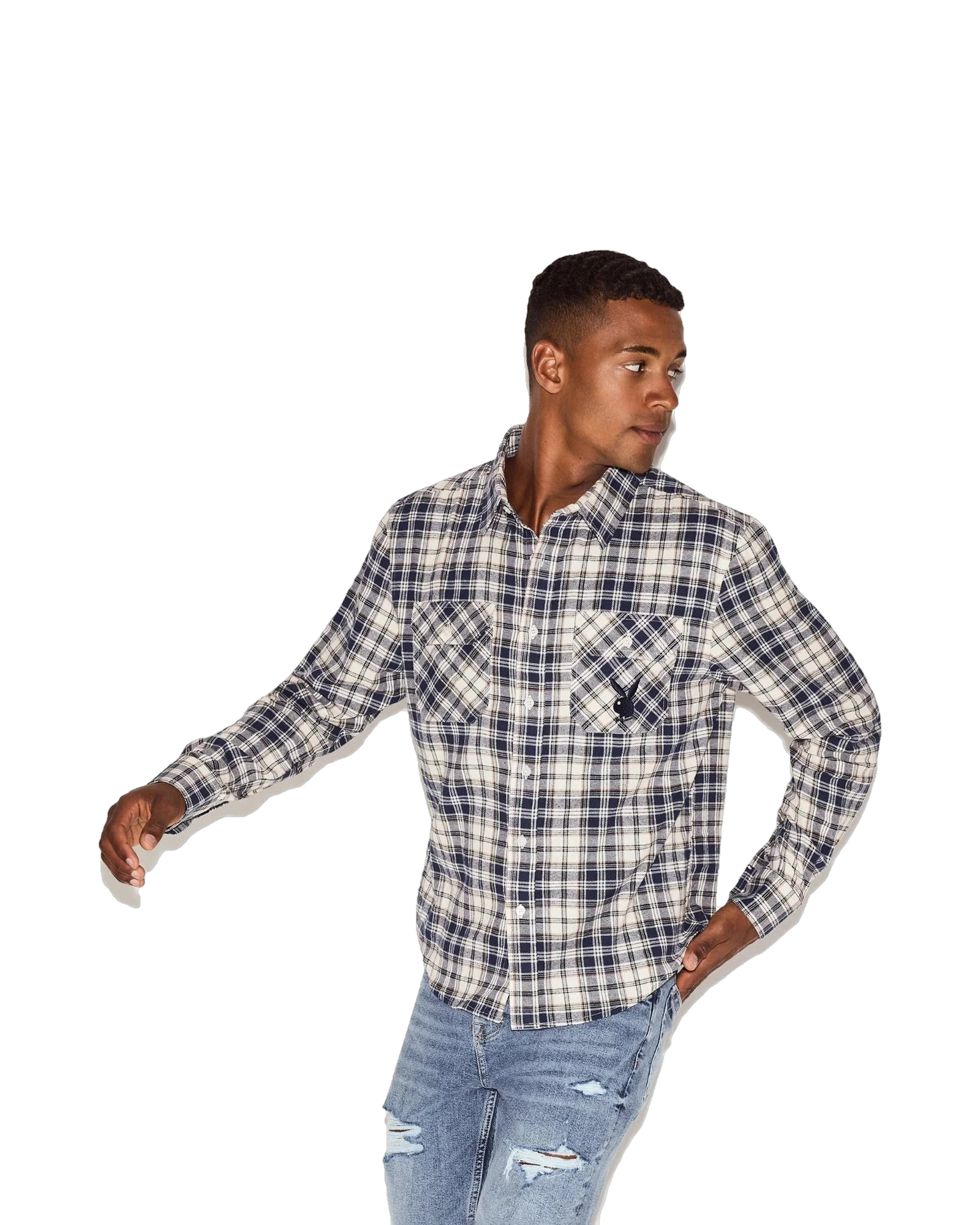 Mens Flannel Long Sleeve Shirt White Plaid