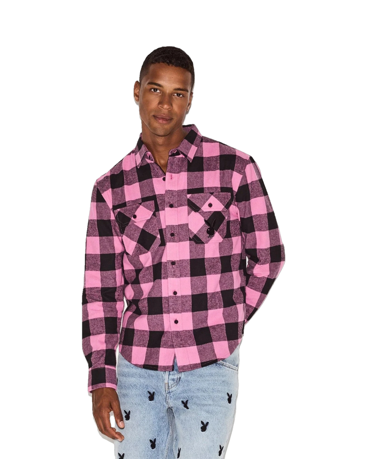 Mens Pink Flannel Long Sleeve Shirt