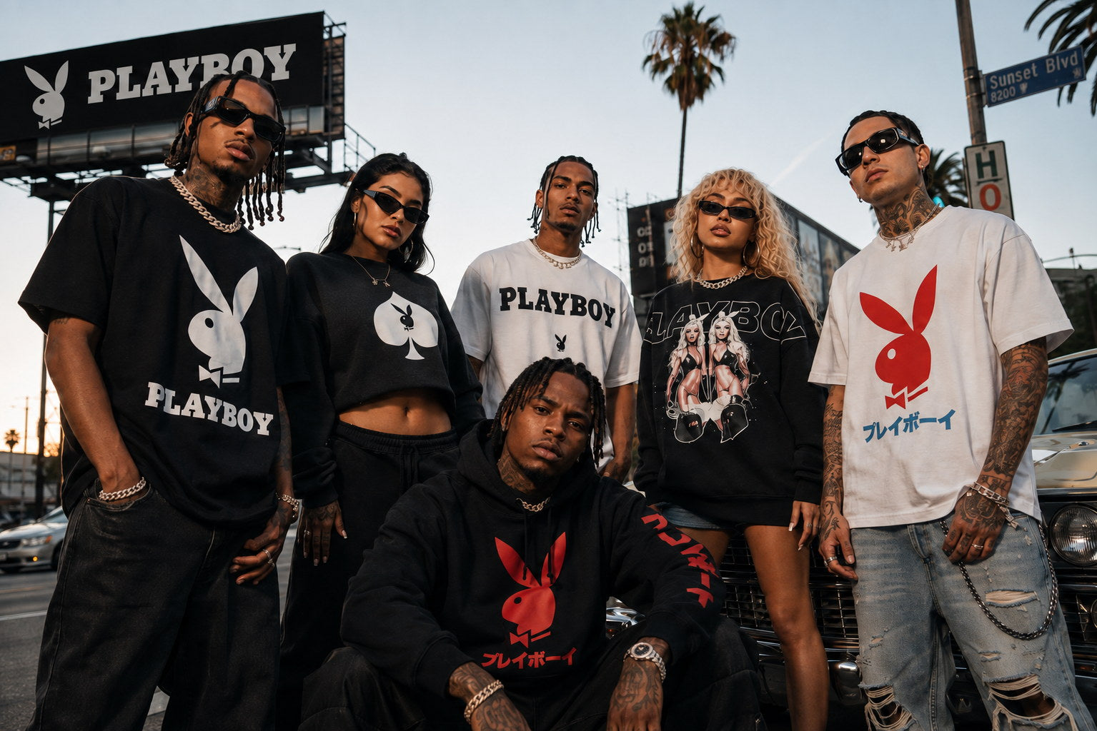 Playboy Streetwear Selects — group shot on Sunset Blvd at dusk