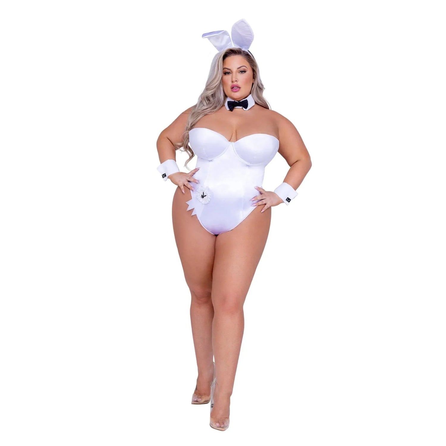 Plus size woman in white bunny costume with ears, bow tie, wrist cuffs, and high heels