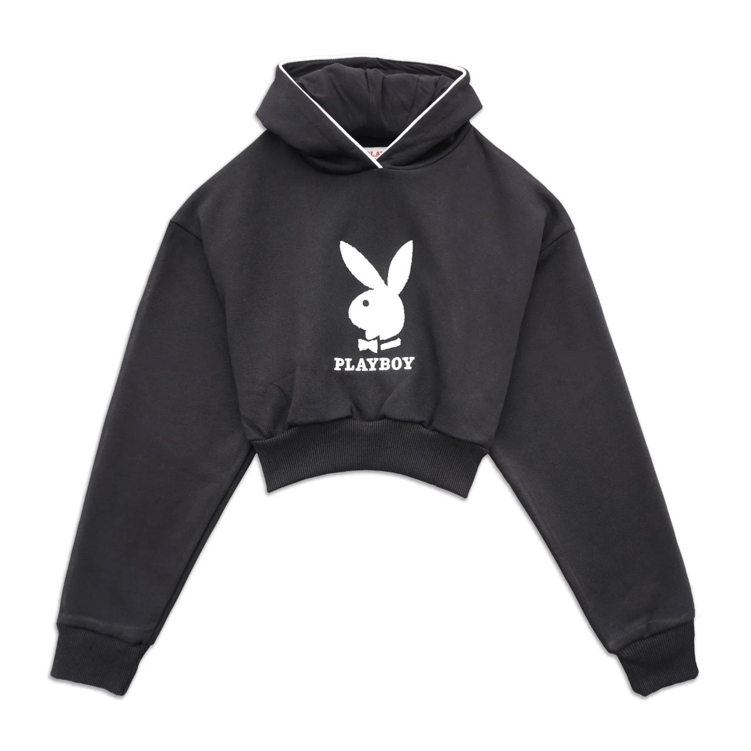 Black cropped chenille hoodie with white bunny logo and PLAYBOY text on the front.