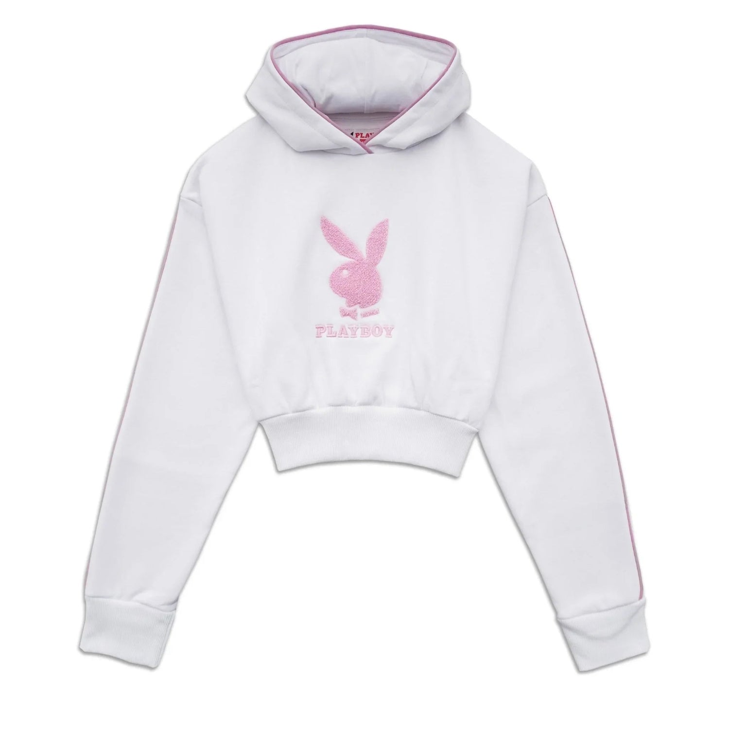White cropped chenille hoodie with pink bunny logo and pink trim, women's streetwear