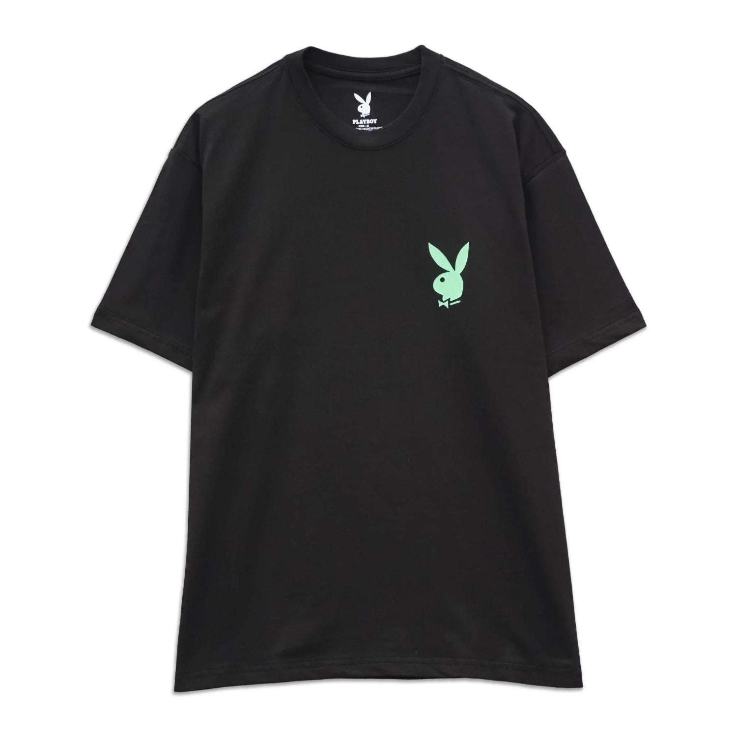 Black t-shirt with green bunny logo graphic on the chest, unisex casual streetwear