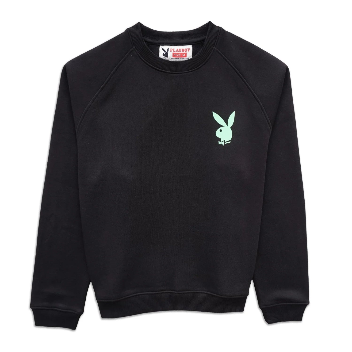 Black crewneck sweatshirt with mint green bunny logo on left chest, flat lay view.