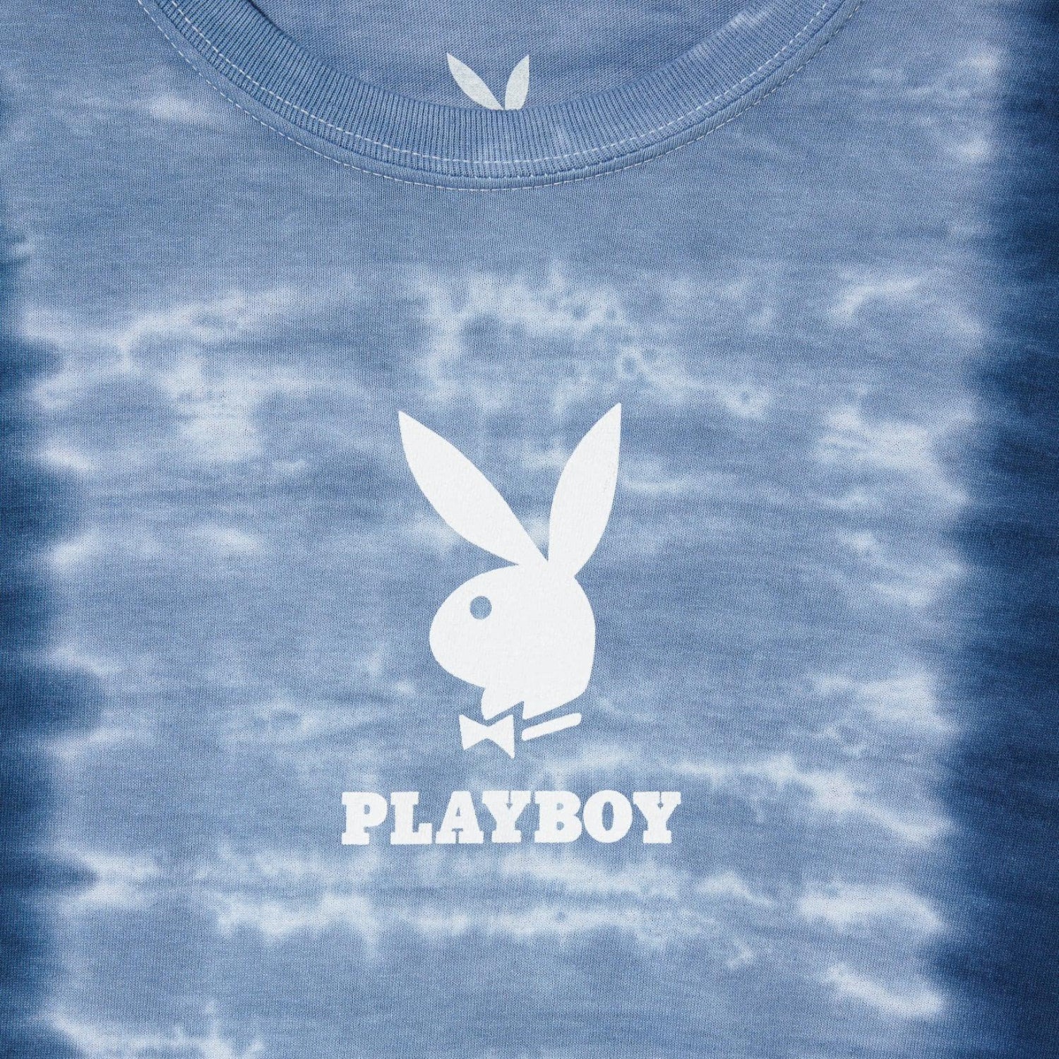 Blue tie-dye t-shirt with white rabbit logo and PLAYBOY text on the front