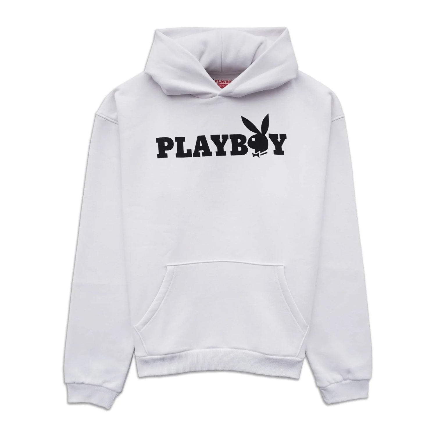 White hoodie with bold black PLAYBOY logo and bunny graphic on front, kangaroo pocket visible