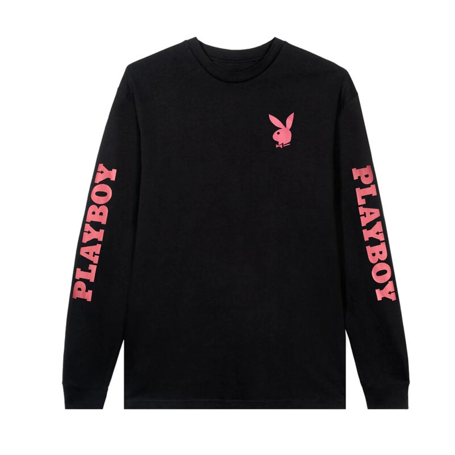 Black long sleeve t-shirt with pink rabbit head graphic and pink PLAYBOY text on both sleeves.