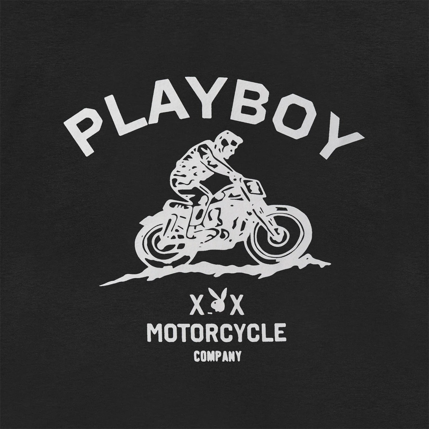 Black t-shirt with white graphic of a rider on a motorcycle and bold PLAYBOY text above.