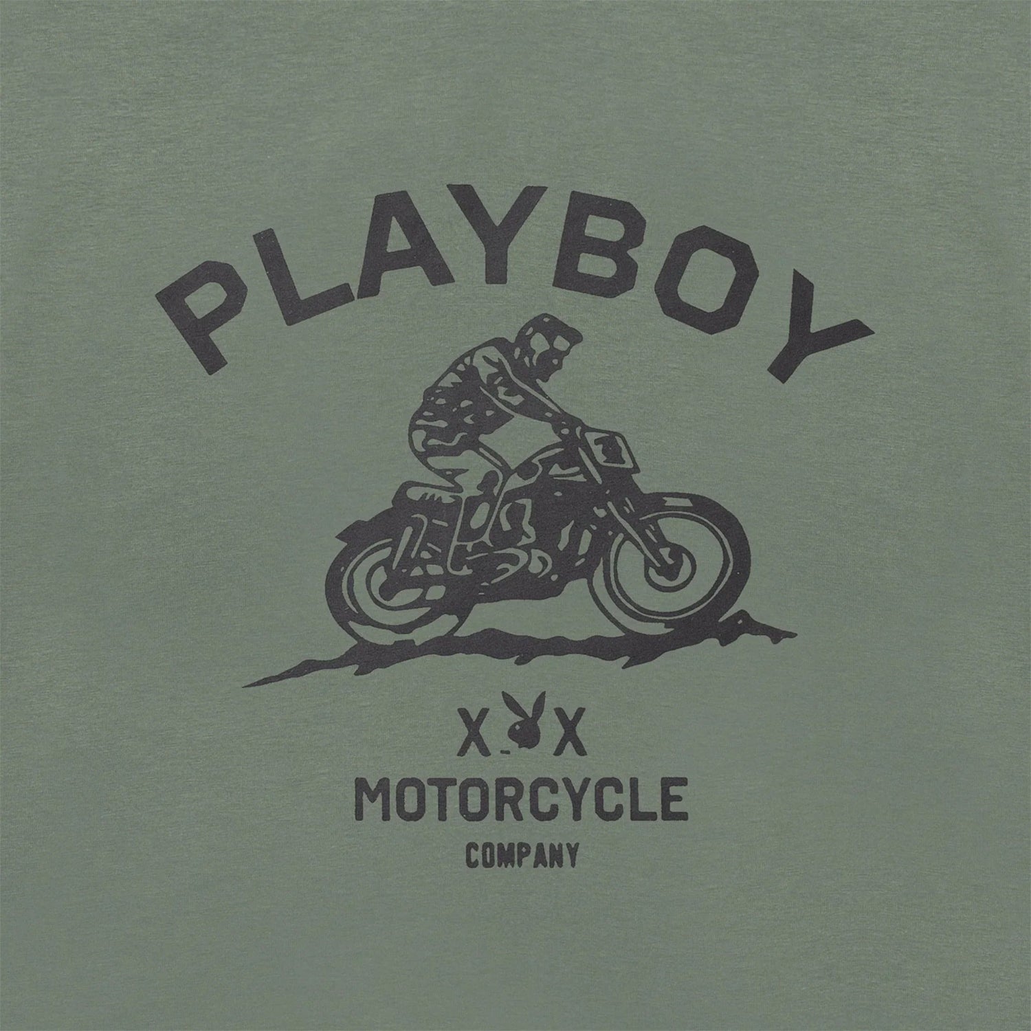 Green t-shirt with motorcycle rider graphic and bold vintage motorcycle company text design