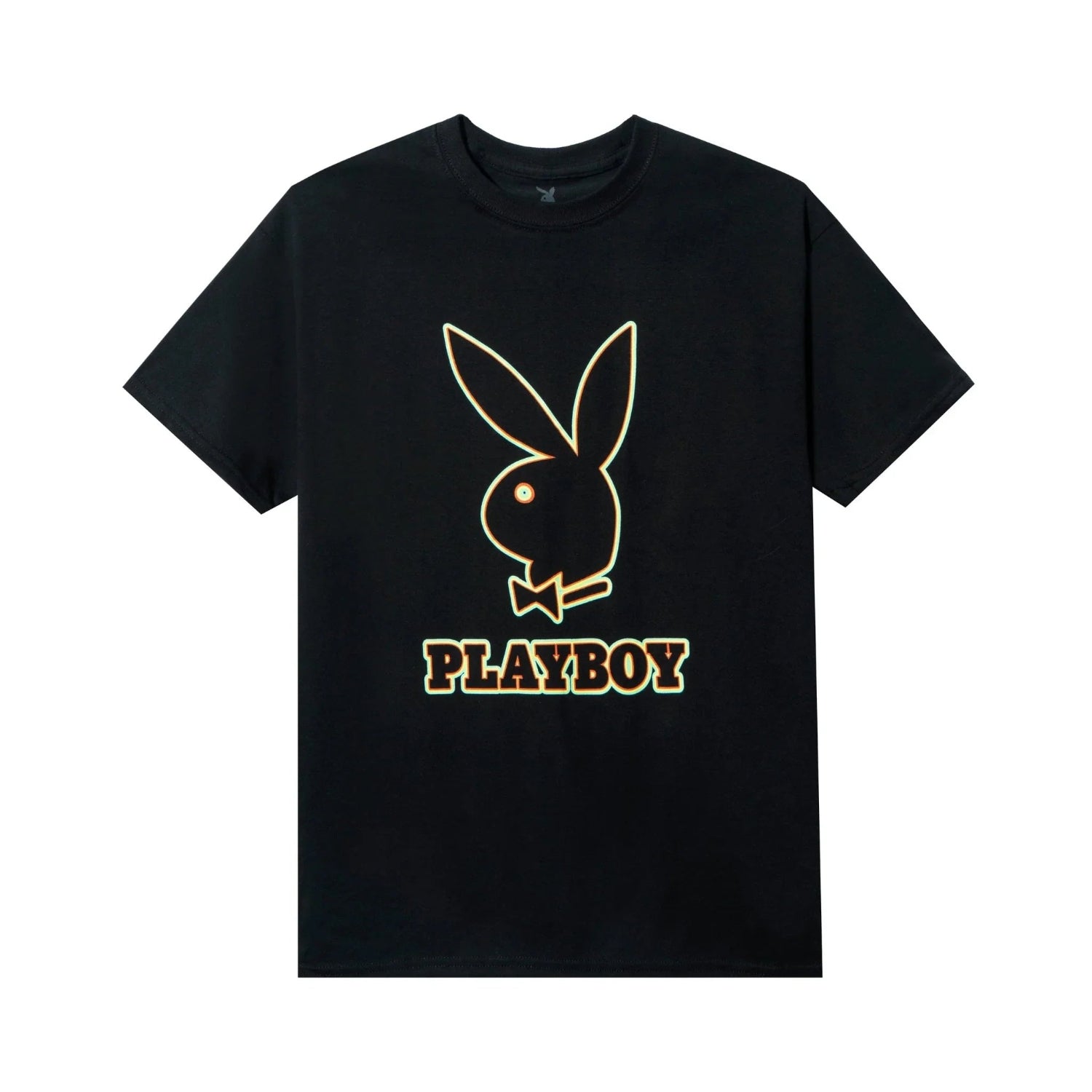 Black t-shirt with outline graphic of a bunny logo and PLAYBOY text on front