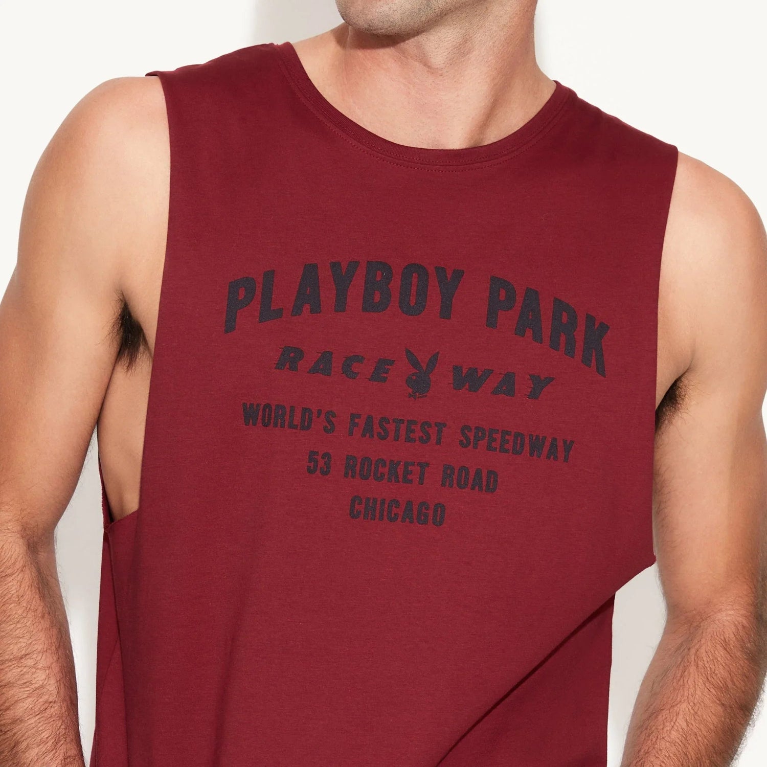 Men’s sleeveless red muscle tank with black Playboy Park Raceway Chicago graphic print