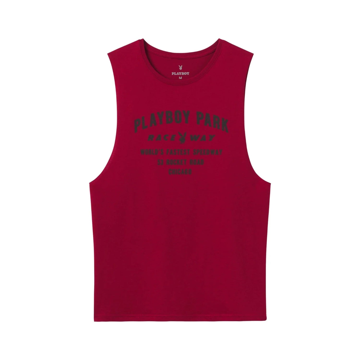 Red muscle tank top with 'Playboy Park Raceway' and graphic text on front.