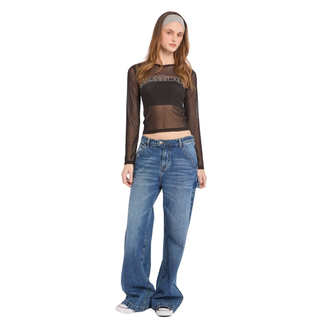 "Playboy" Rhinestone Mesh Long Sleeve Top - Playboy