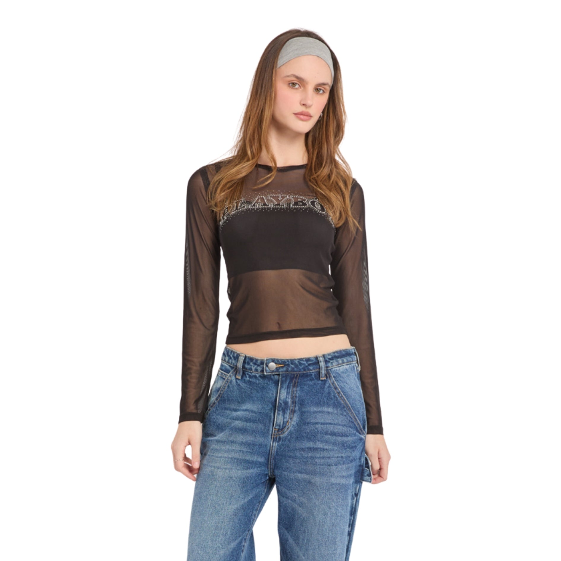 "Playboy" Rhinestone Mesh Long Sleeve Top - Playboy