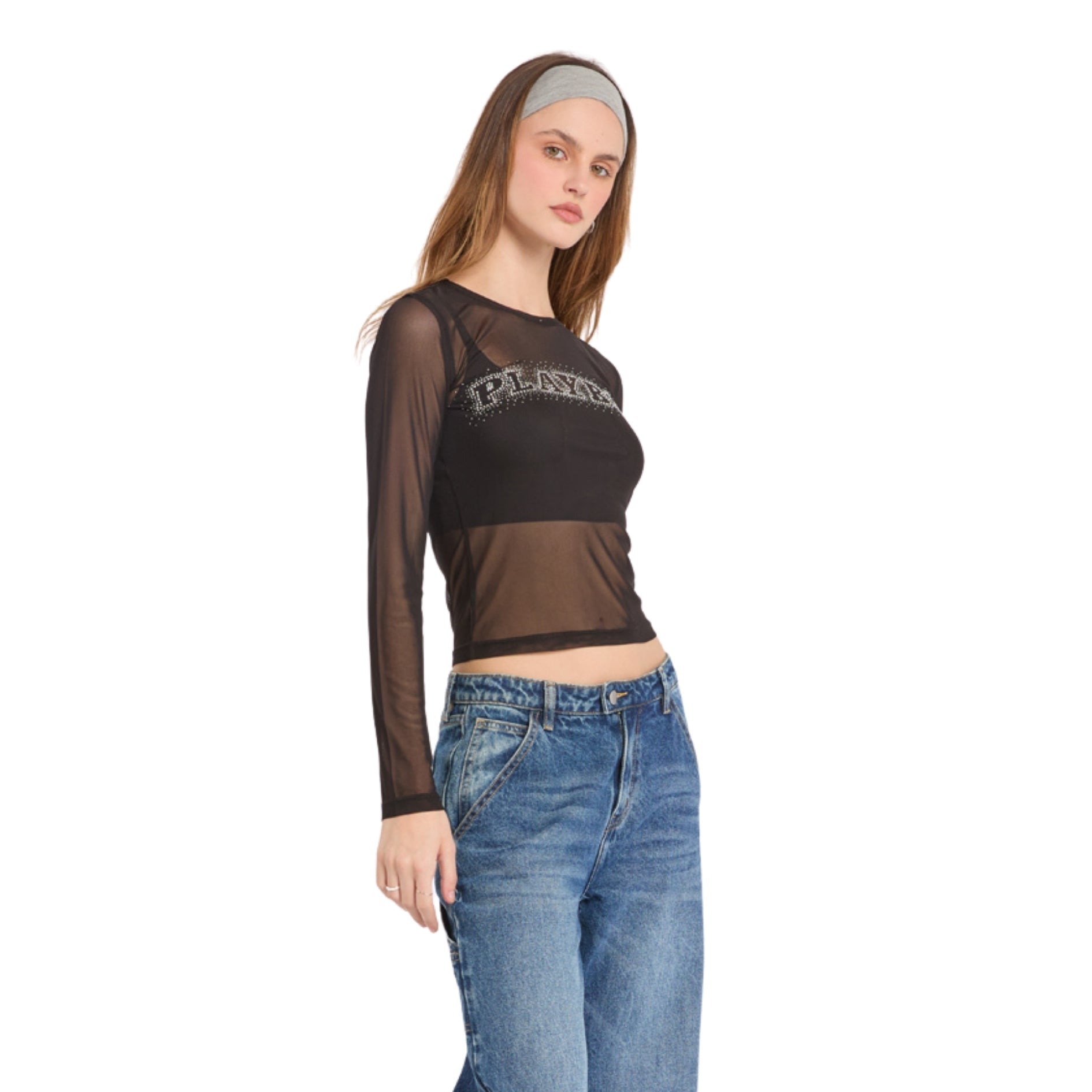 "Playboy" Rhinestone Mesh Long Sleeve Top - Playboy
