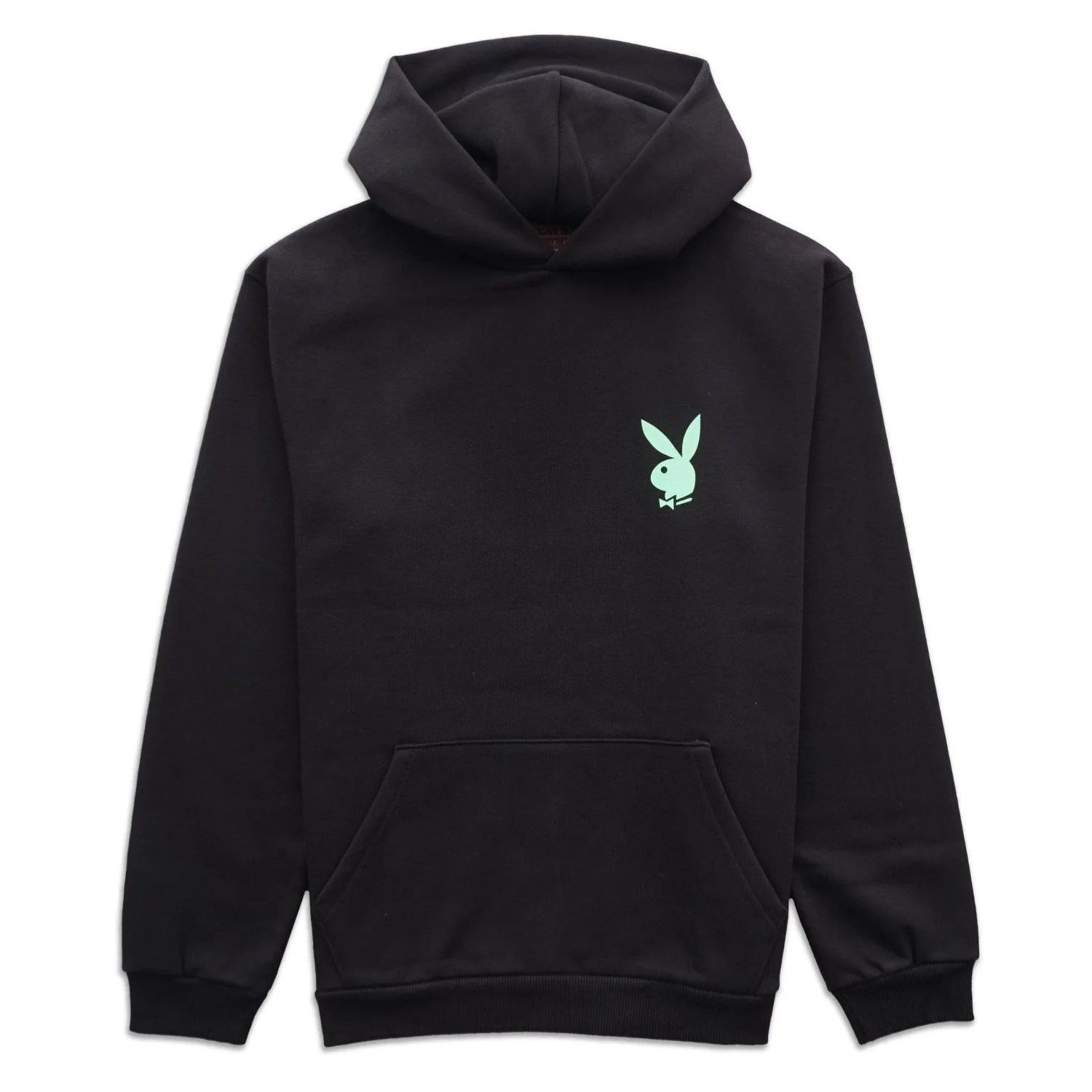 Black hoodie with light green bunny logo on chest and front kangaroo pocket