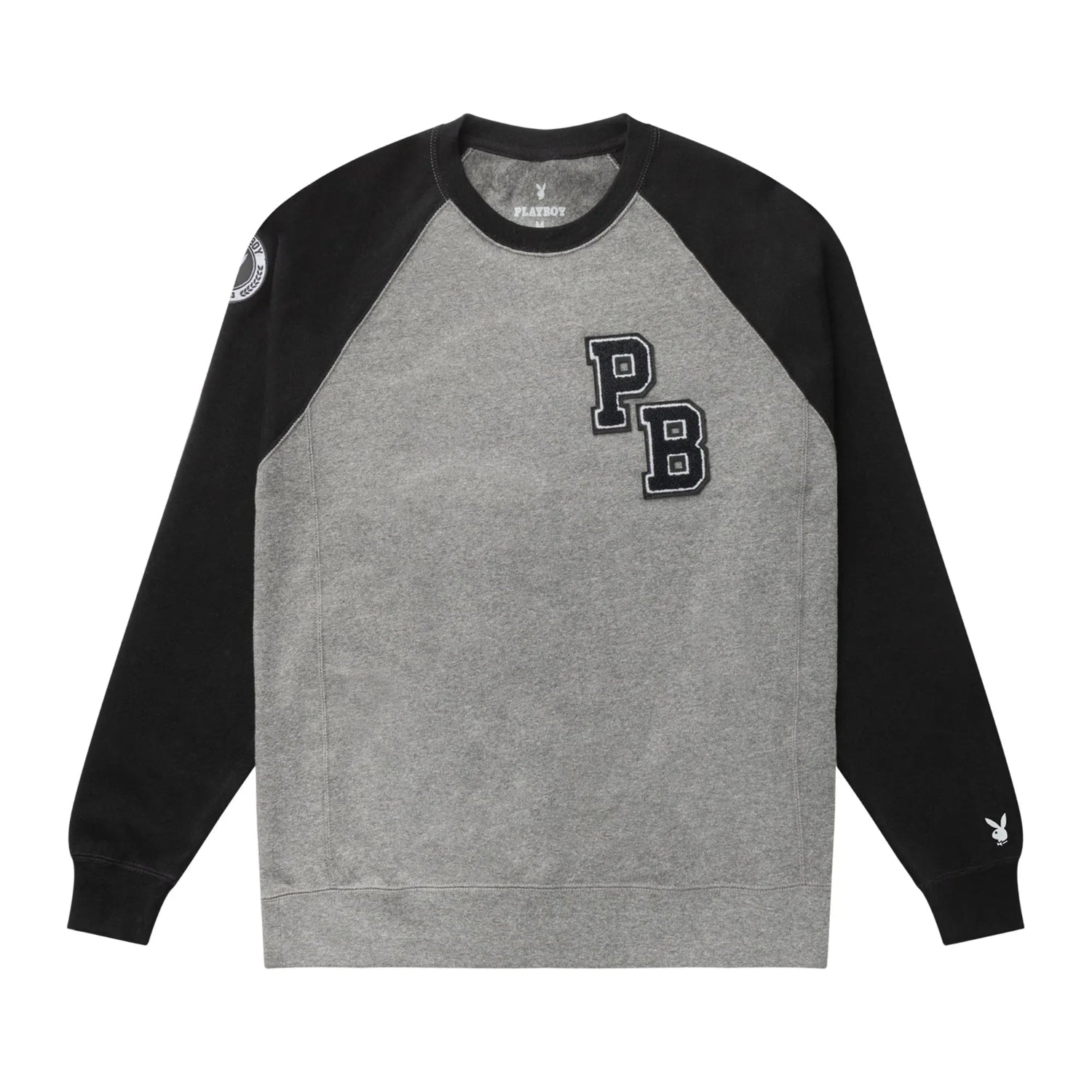 Grey and black varsity crewneck sweatshirt with PB patches and white bunny logo on sleeve.