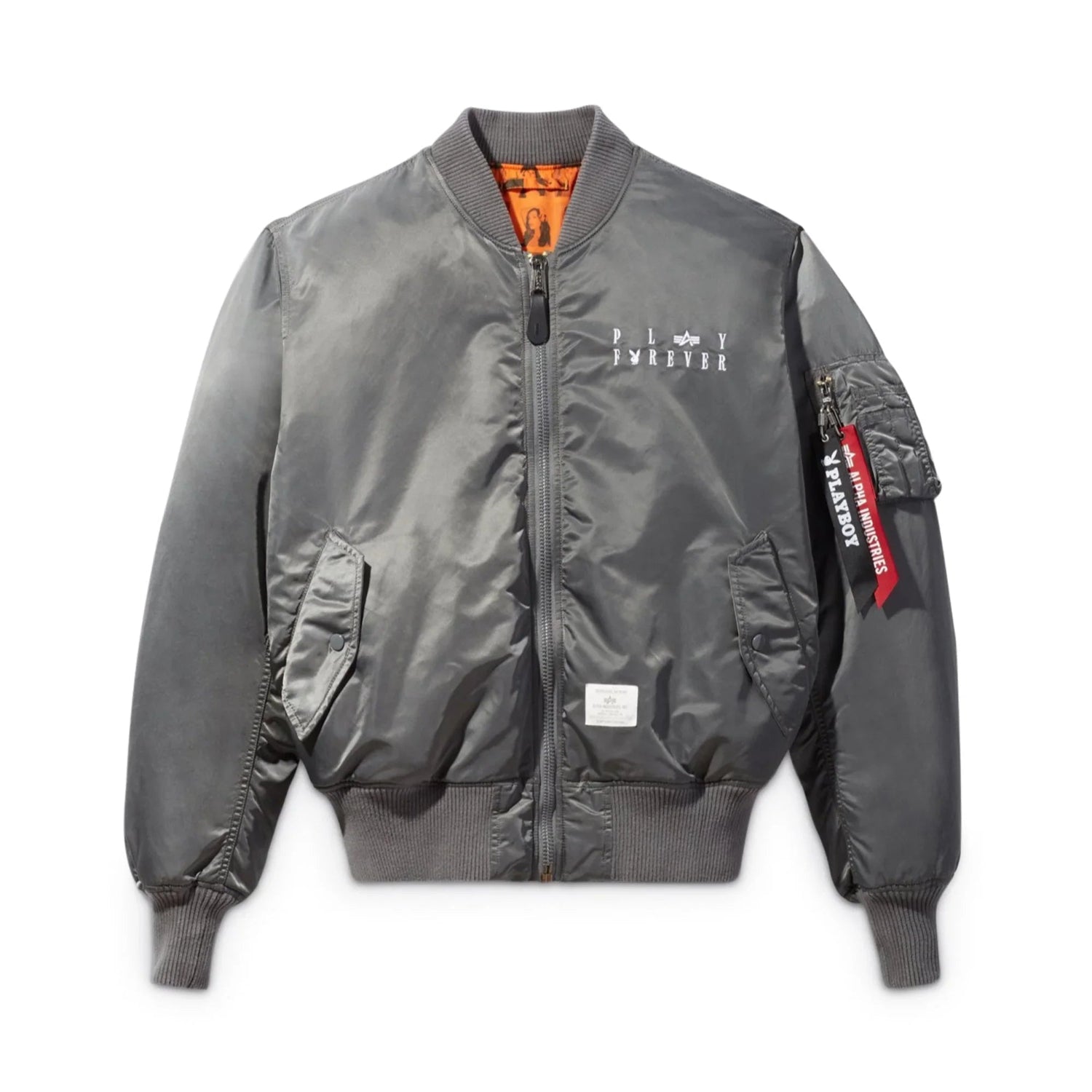 Gray MA-1 flight jacket with 'Play Forever' text, front pockets, red zipper tags, orange lining