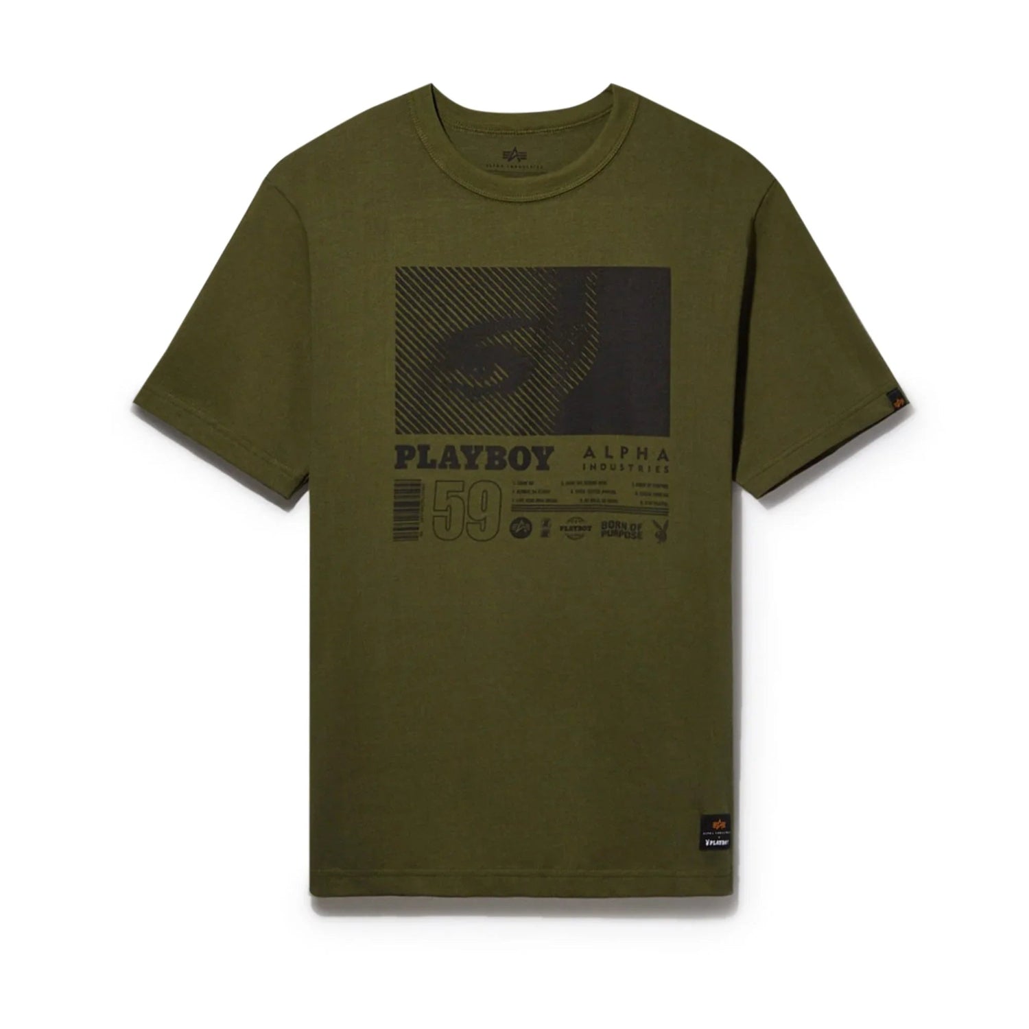 Olive green graphic t-shirt with PLAYBOY ALPHA INDUSTRIES text and abstract design on front.