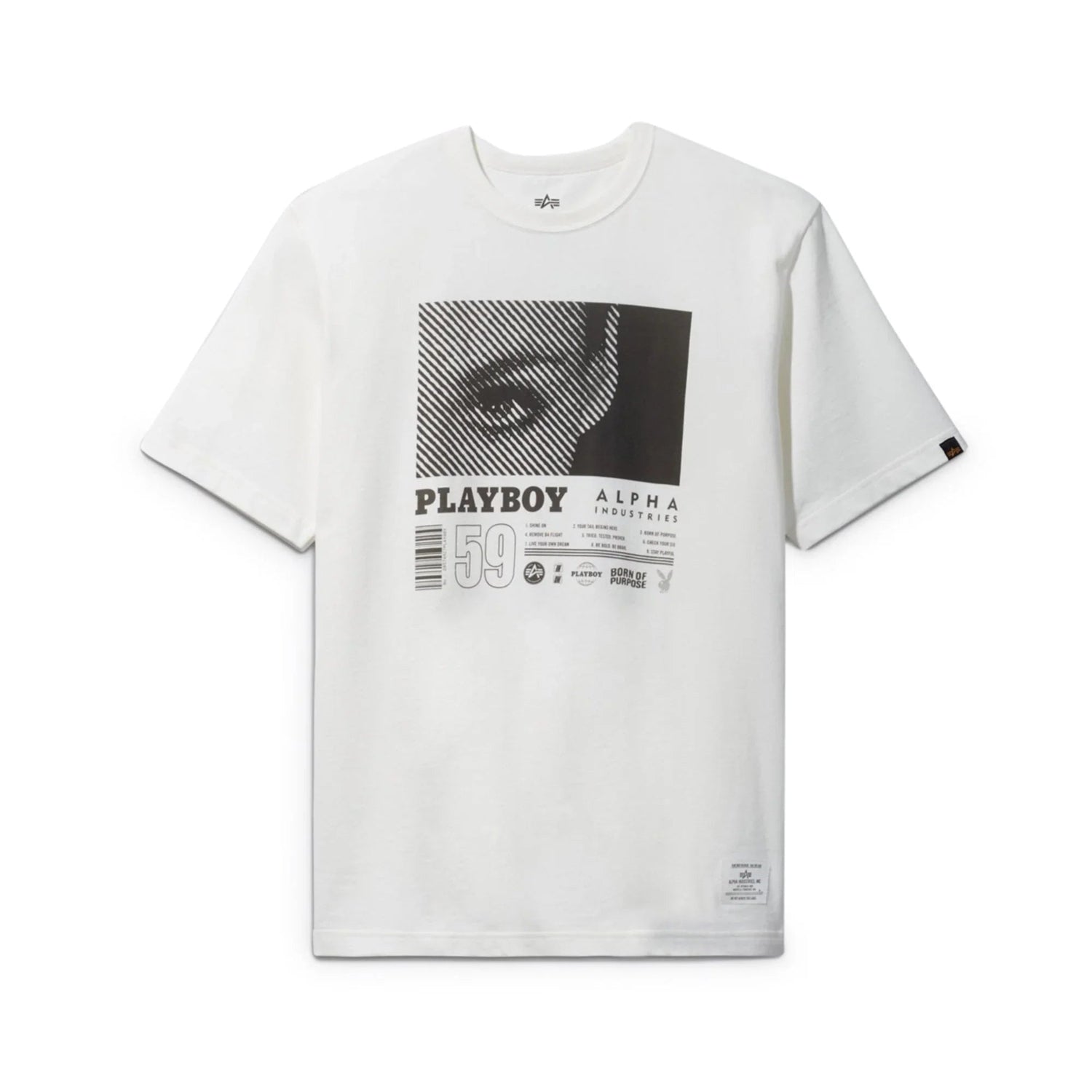 White graphic t-shirt with monochrome eye design and bold text, PLAYBOY Alpha Industries 59.