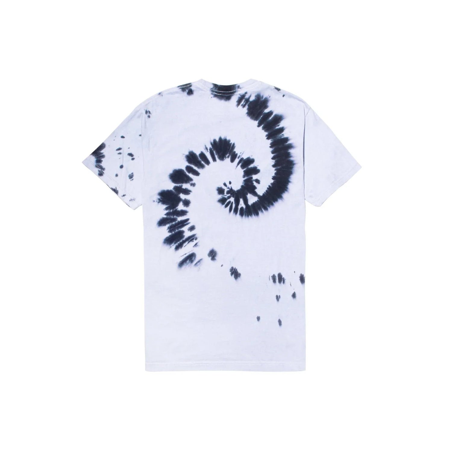 White short sleeve t-shirt with black spiral tie-dye pattern on the back, unisex style