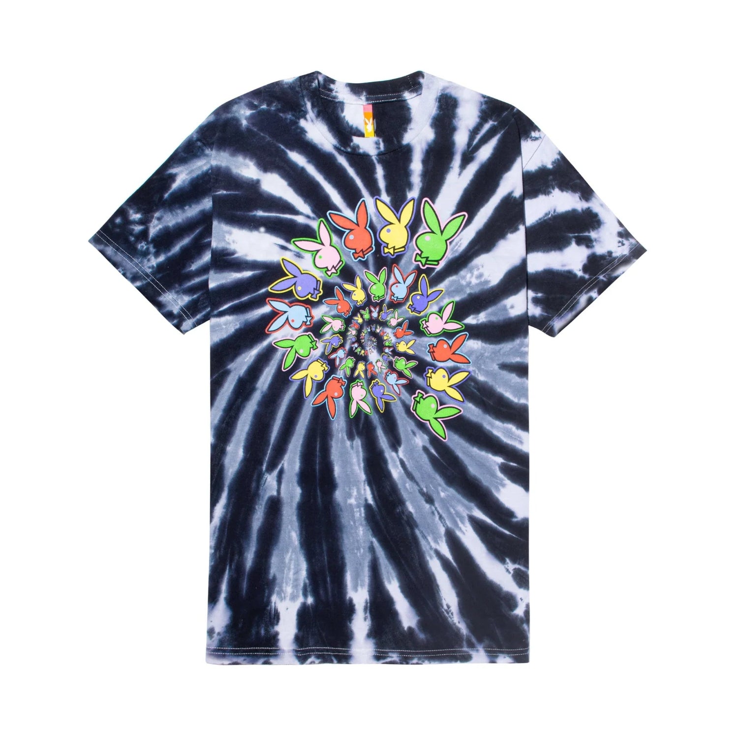 Black and white spiral tie-dye t-shirt with colorful bunny graphics in a circular pattern