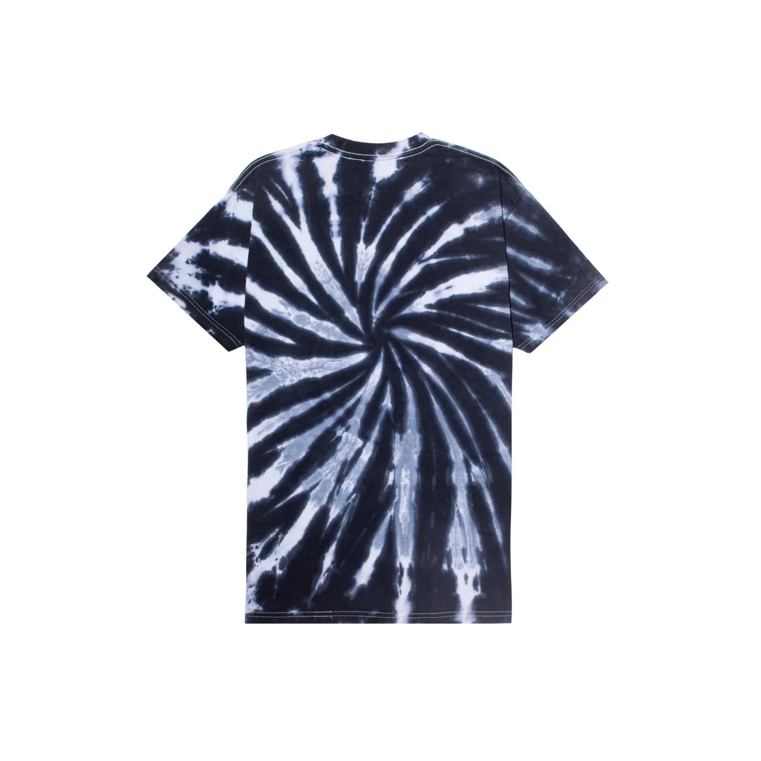 Black and white spiral tie dye t-shirt with short sleeves, laid flat on white background.