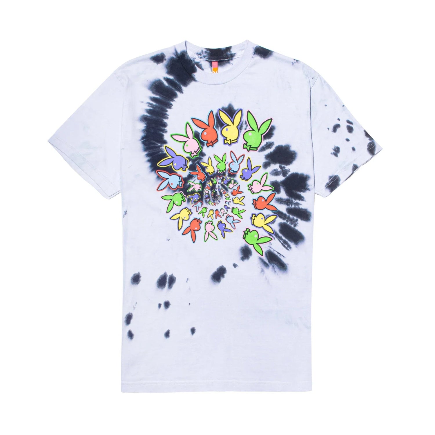 Spiral tie-dye t-shirt with colorful bunny graphic pattern on front, black and white base.