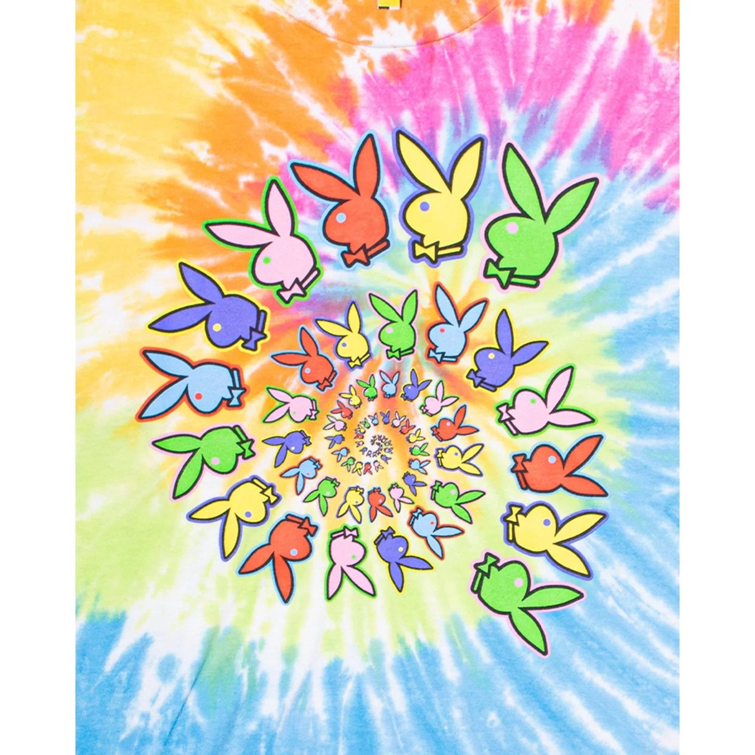 Spiral tie-dye t-shirt with colorful bunny graphics in concentric circles.