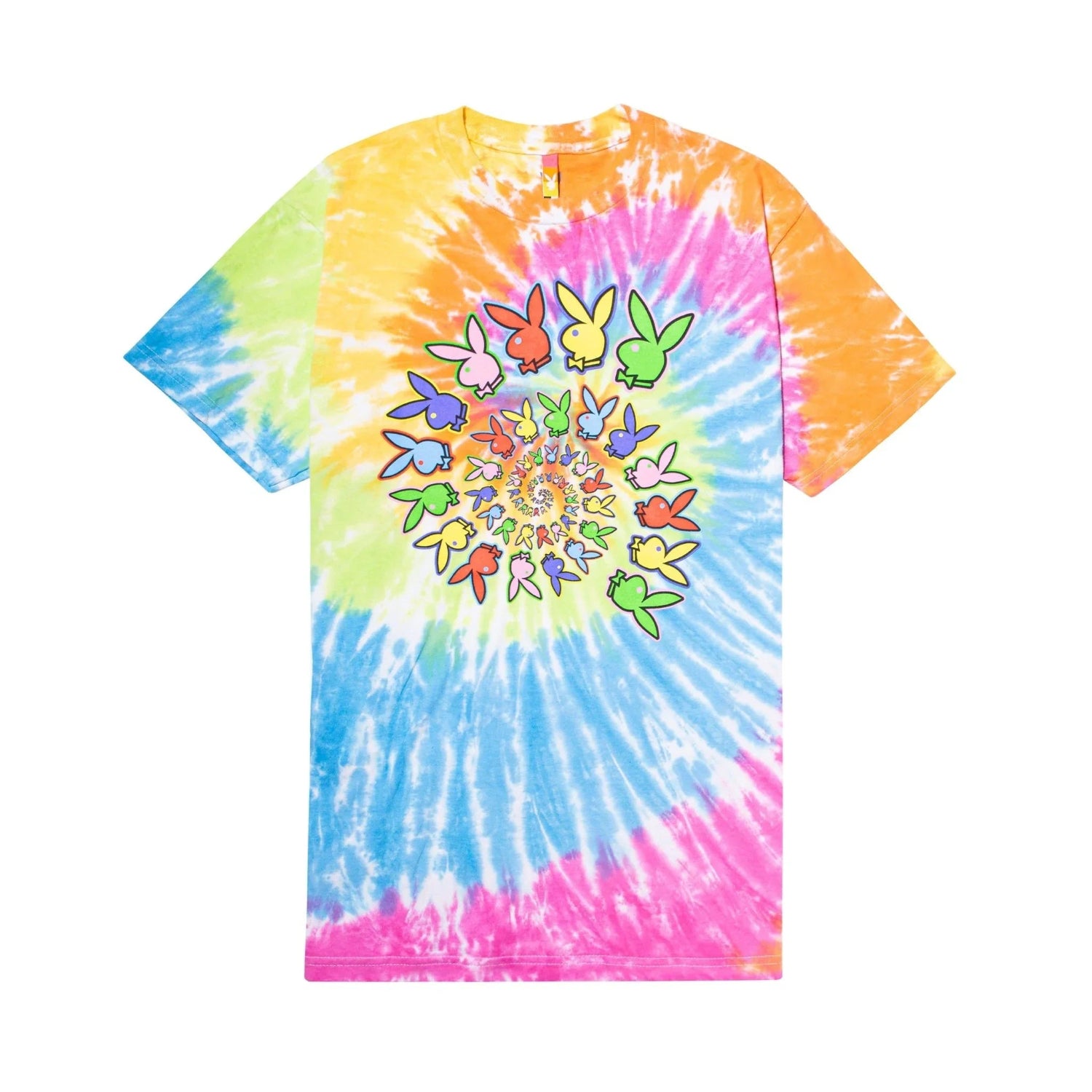 Colorful spiral tie-dye t-shirt with multicolor bunny graphic pattern on the front.
