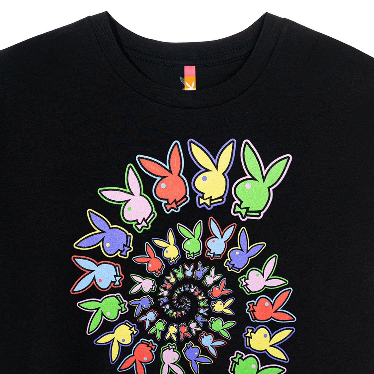 Black cropped t-shirt with colorful spiral bunny logo graphic on the front