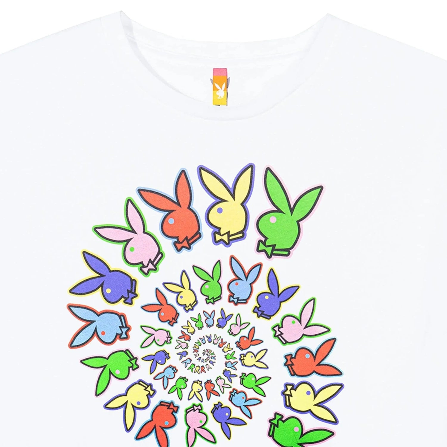 White cropped t-shirt with colorful spiral bunny graphic and crew neckline, women's apparel