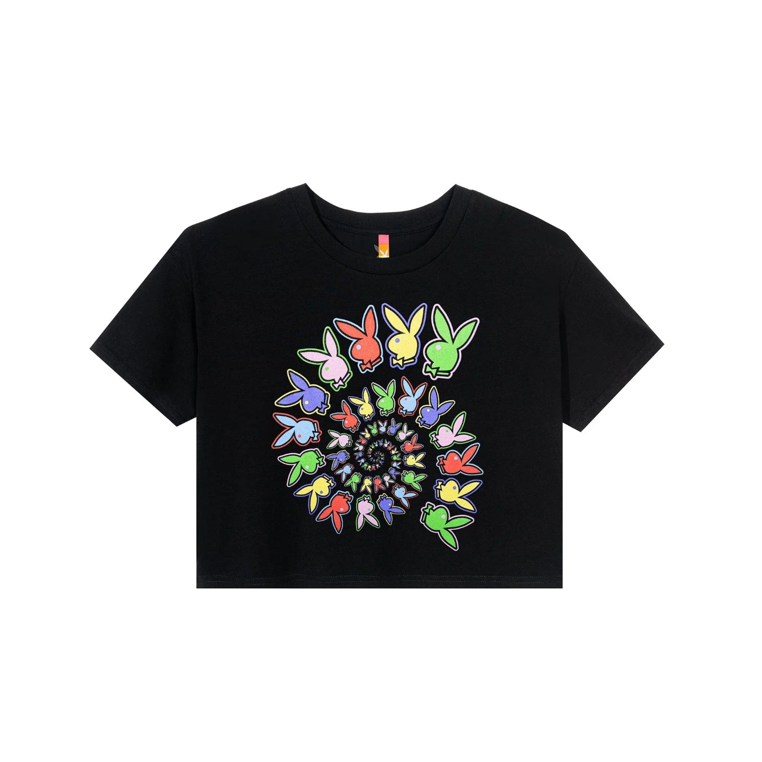 Black cropped t-shirt with colorful spiral bunny graphic, women's streetwear top
